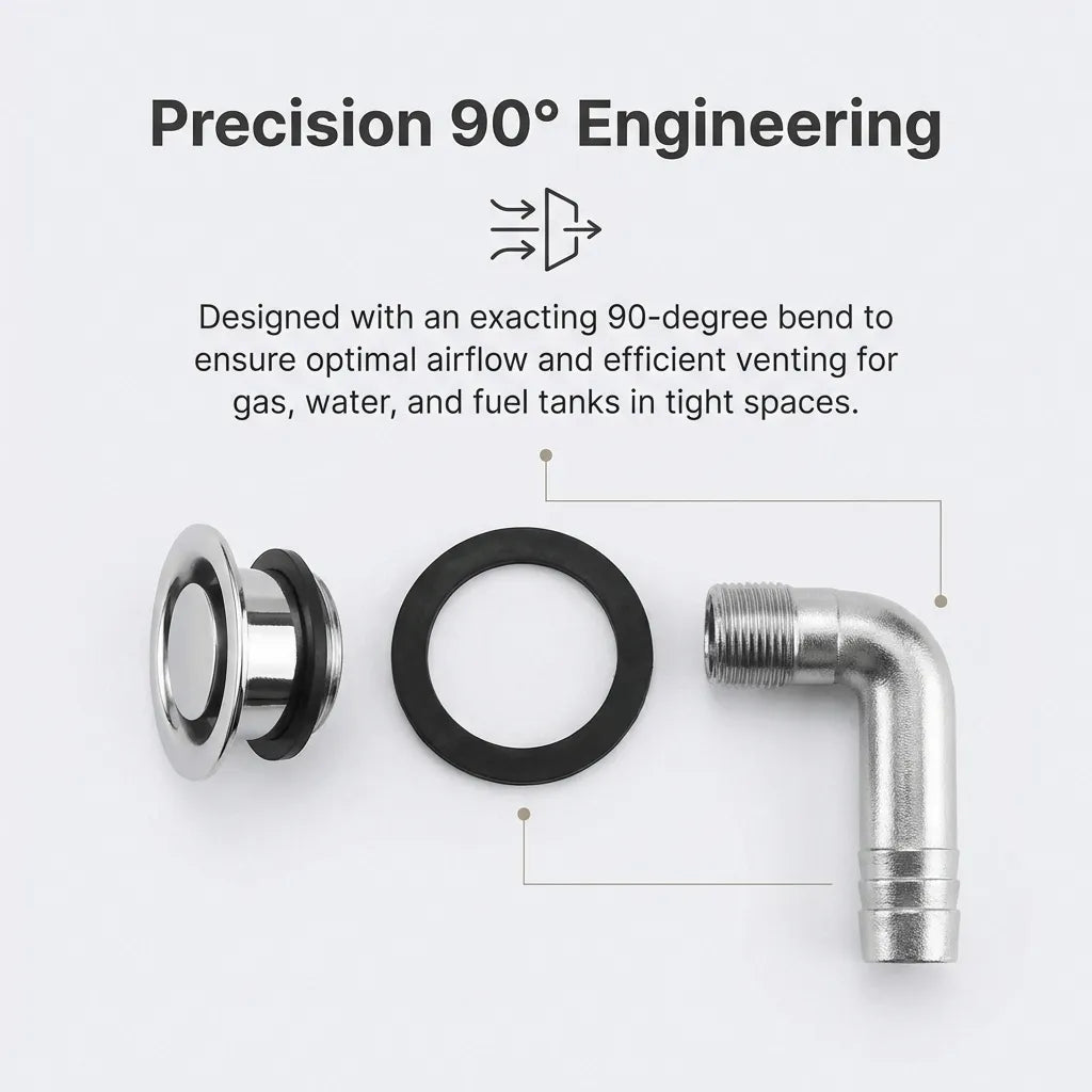 Exploded view of the tank vent components including the cap, rubber gasket, and 90-degree barbed fitting.