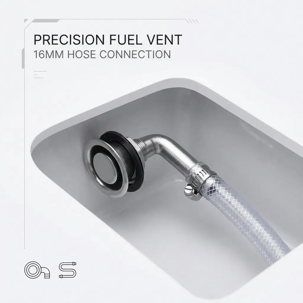 Diagram showing the 16mm hose connection secured with a stainless steel clamp to the 90-degree marine vent.