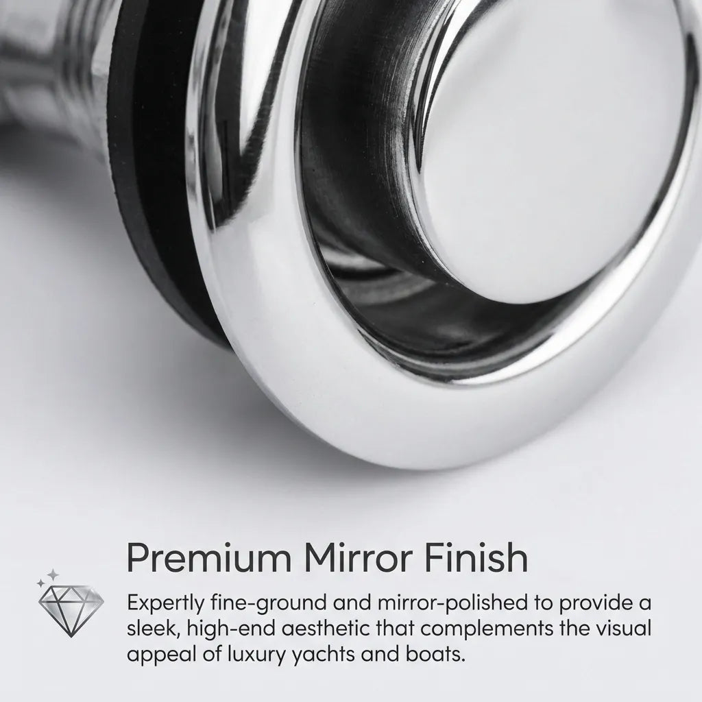 Macro detail view of the high-end mirror polish finish on the marine vent cap showing high reflectivity.