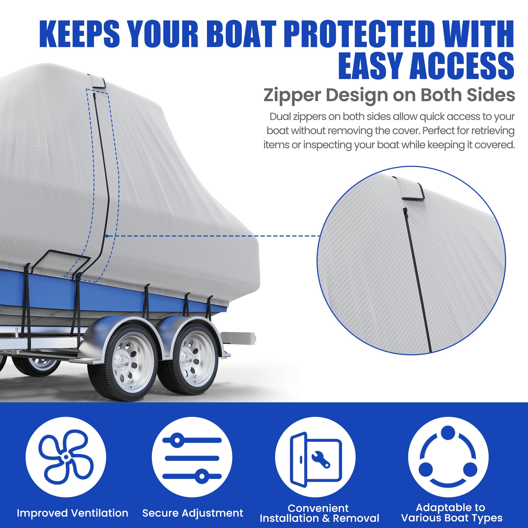 Center Console Boat Cover 18-20ft, Trailerable T-Top/Hard-Top Boat Cover, Heavy Duty Marine Grade Oxford Waterproof Boat Covers, Zipper on Both Side