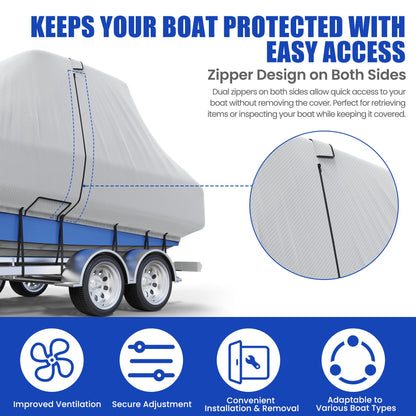 Center Console Boat Cover 18-20ft, Trailerable T-Top/Hard-Top Boat Cover, Heavy Duty Marine Grade Oxford Waterproof Boat Covers, Zipper on Both Side