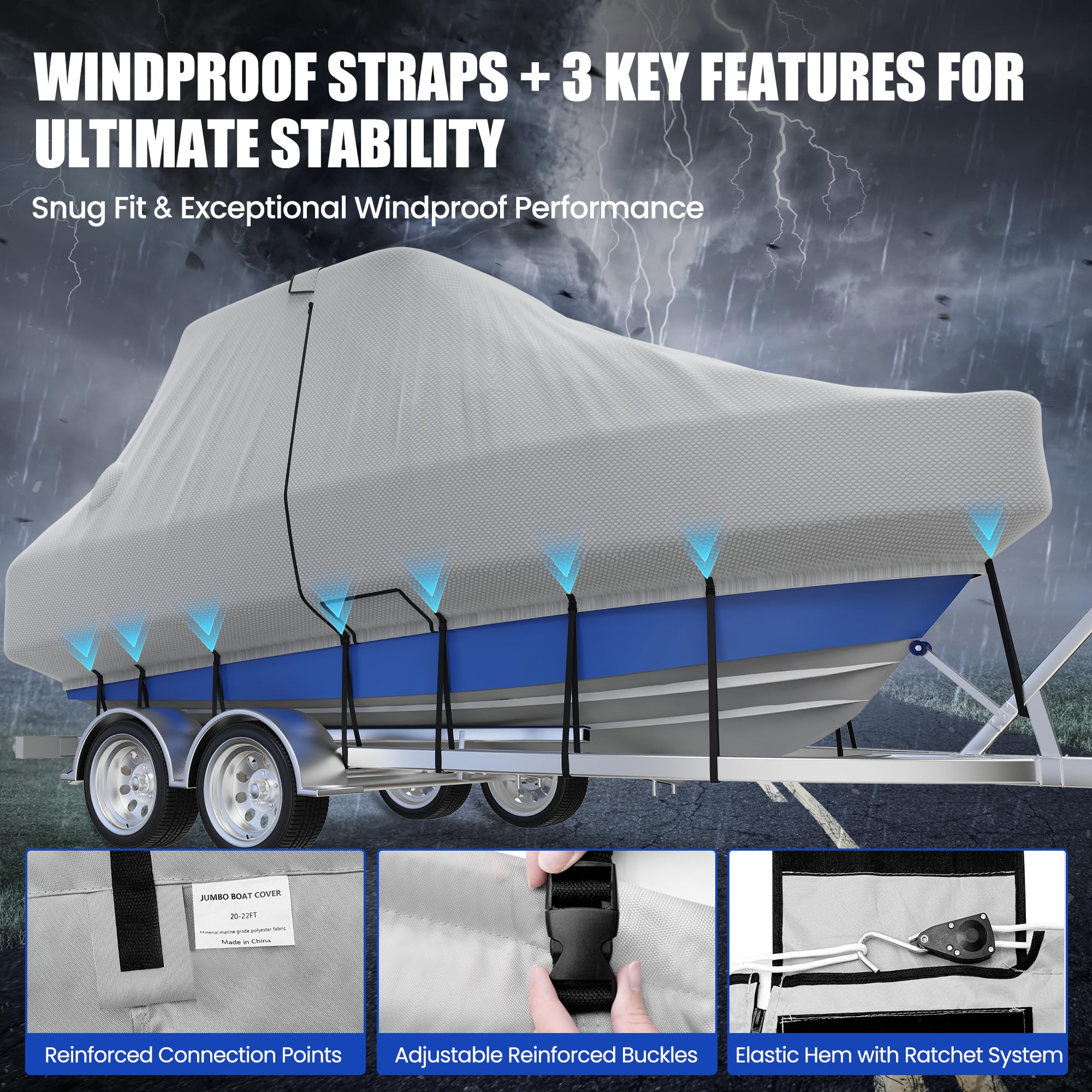 Center Console Boat Cover 18-20ft, Trailerable T-Top/Hard-Top Boat Cover, Heavy Duty Marine Grade Oxford Waterproof Boat Covers, Zipper on Both Side