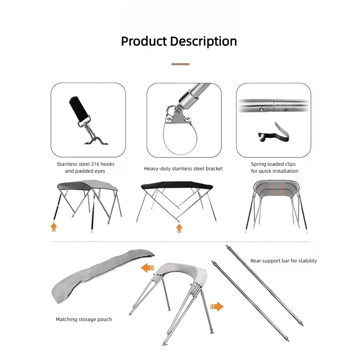 Cubierta para toldo Bimini con varilla de soporte de nailon, tela Oxford 600D con marco de tubo cuadrado de aluminio 6063, protección solar, impermeable, para cruceros, yates y barcos.