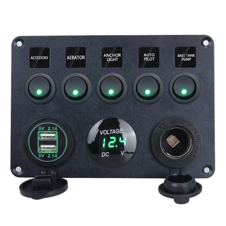 Marine 5-Button Switch Panel - Dual USB, Voltmeter & Cigarette Lighter 12-24V