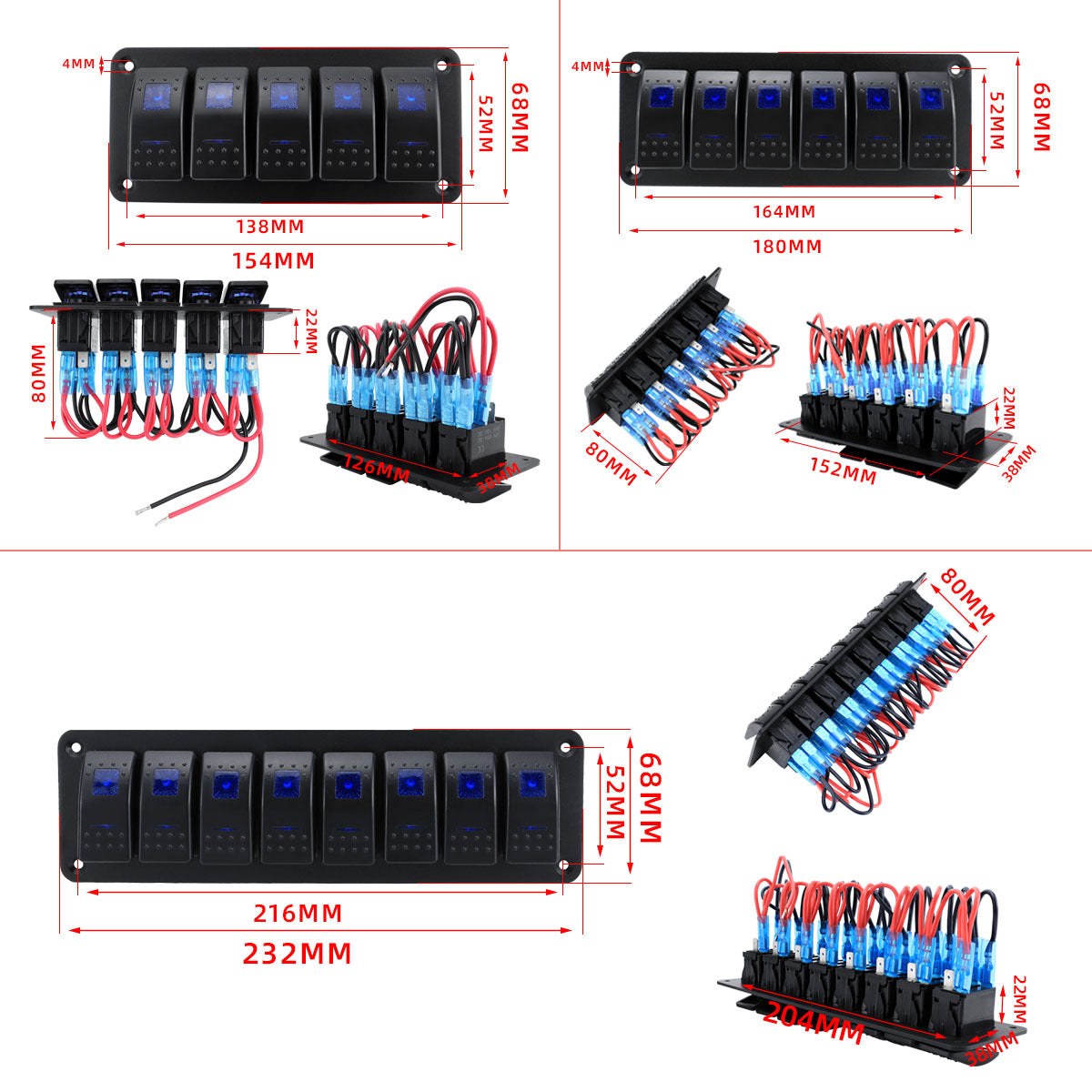 Marine Rocker Switch Panel - Blue LED Backlit, 12-24V DC Multi-Gang