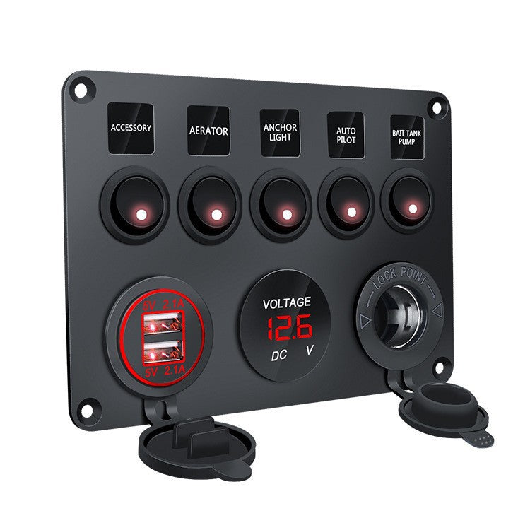 Marine 5-Button Switch Panel - Dual USB, Voltmeter & Cigarette Lighter 12-24V