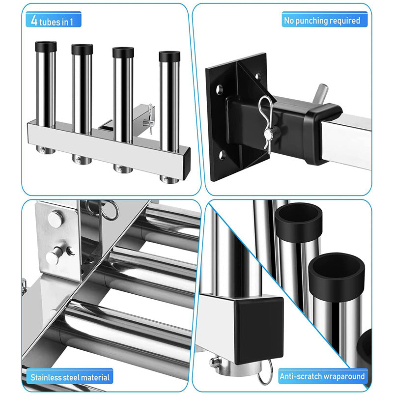 Airow Marine 4-Rod Hitch Mount Fishing Rod Rack - Polished 304 Stainless Steel (Universal Fit)