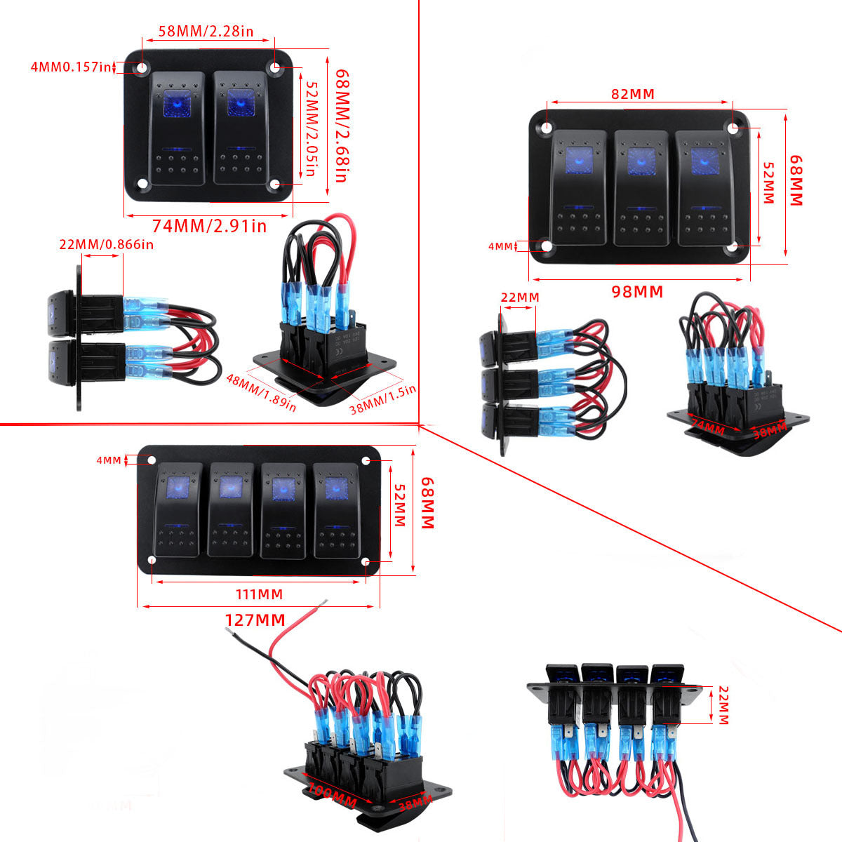 Marine Rocker Switch Panel - Blue LED Backlit, 12-24V DC Multi-Gang