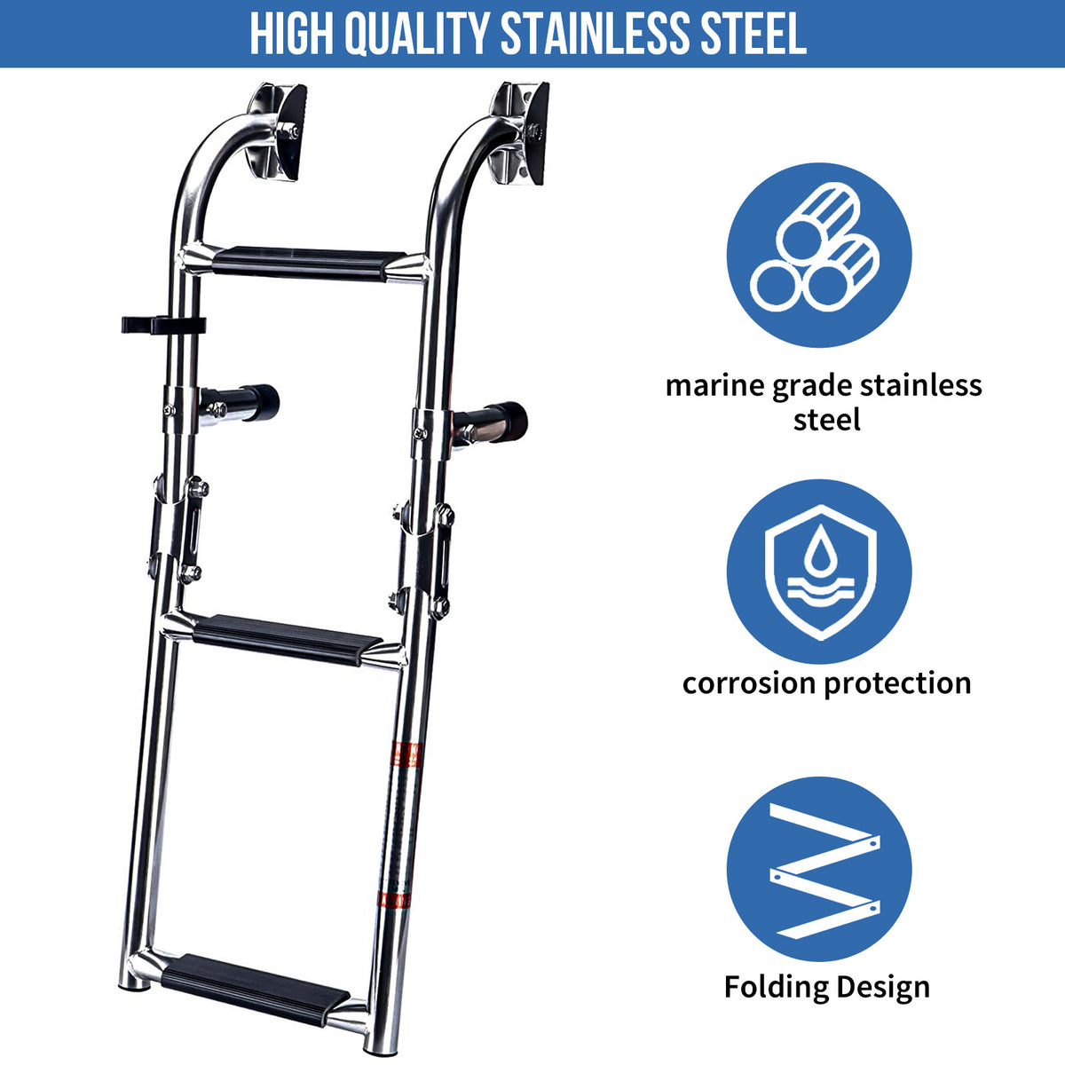 304 Stainless Steel 3-Section Folding Boat Ladder - Marine-Grade Boarding Steps