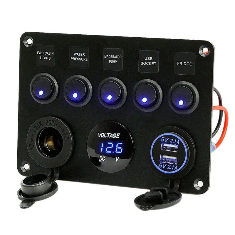 Marine 5-Button Switch Panel - Dual USB, Voltmeter & Cigarette Lighter 12-24V