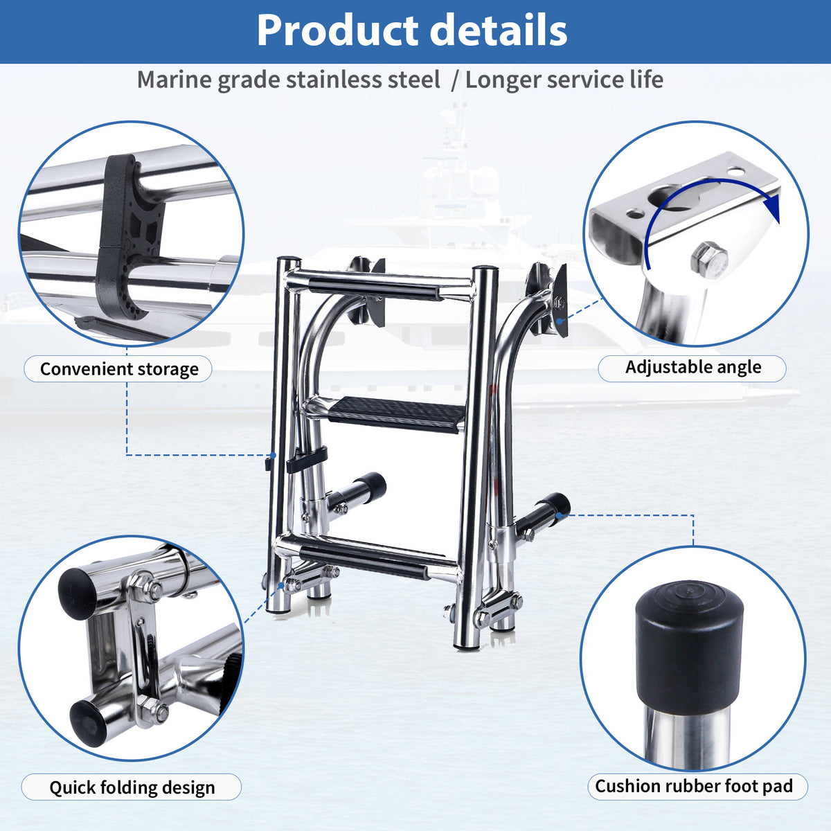 304 Stainless Steel 3-Section Folding Boat Ladder - Marine-Grade Boarding Steps