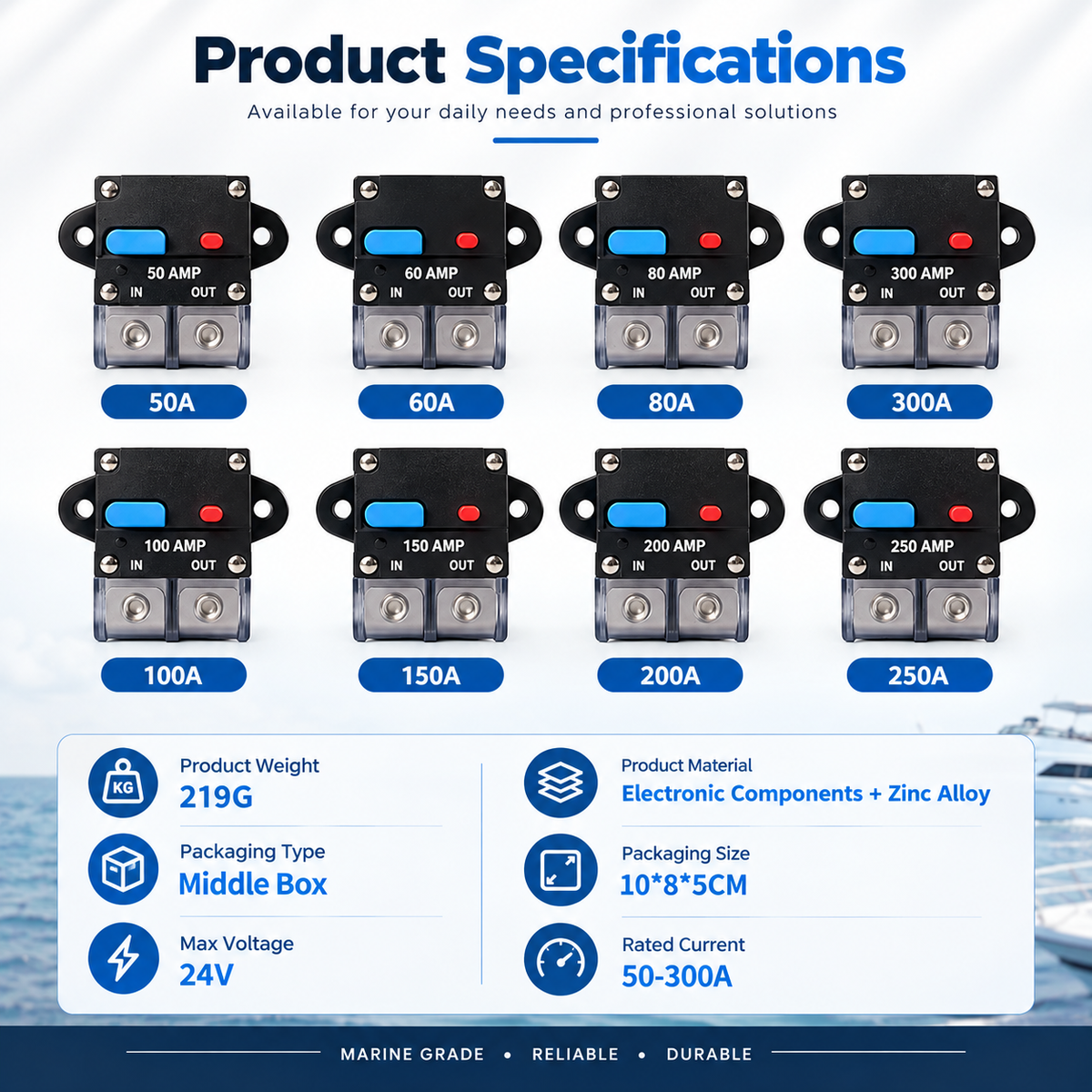 Marine Thermal Circuit Breaker - Manual Reset, 50-300A Overcurrent Protection