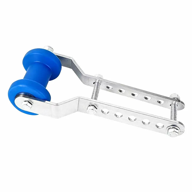 Adjustable boat trailer keel roller assembly with marine-grade stainless steel brackets and durable blue polyurethane roller for boat support.