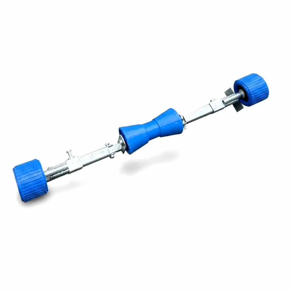 Adjustable V-bunk boat trailer roller assembly with blue high-density polymer rollers and galvanized steel frame