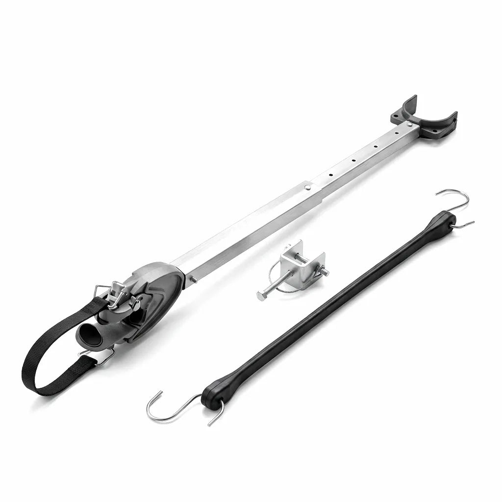 Adjustable boat transom saver kit featuring a galvanized steel support bar, motor head with rubber strap, trailer mount bracket, and bungee cord against a white background.