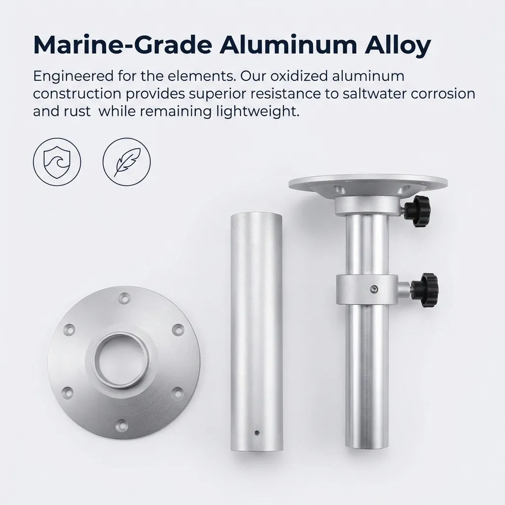 Component breakdown showing the mounting flange, central column, and top plate assembly made of salt-spray resistant oxidized aluminum.