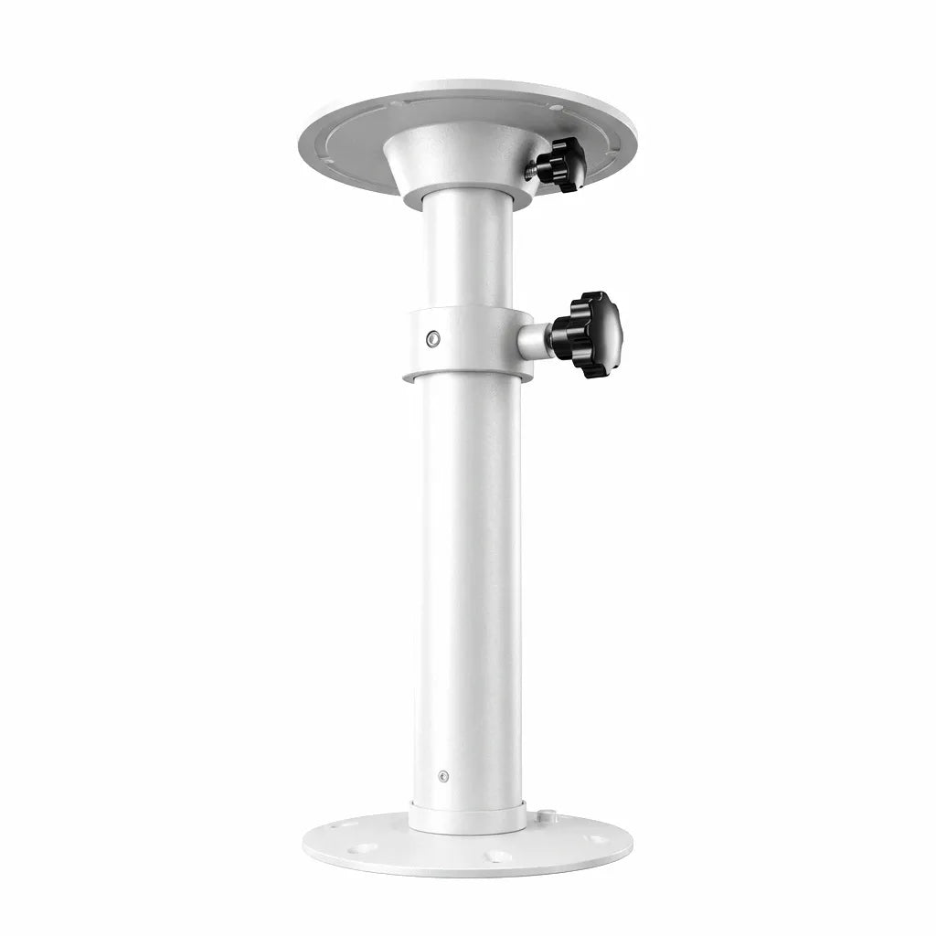Hero shot of the Airow Marine adjustable table pedestal featuring an oxidized aluminum finish and dual manual locking knobs for height and rotation control.