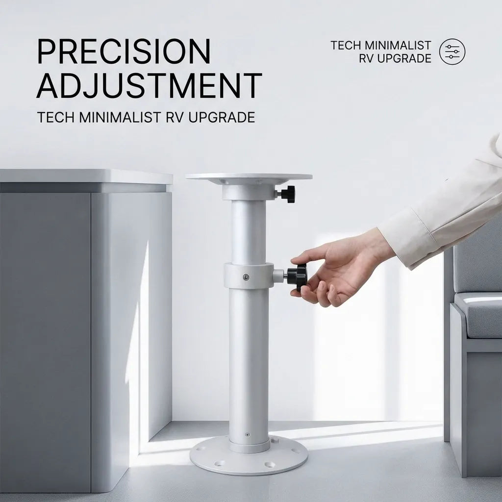 A person adjusting the manual tension knob of the table leg in a modern RV setting, highlighting the precision adjustment mechanism.
