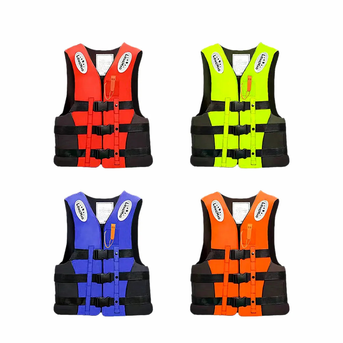 Four professional high-buoyancy adult marine life vests in red, yellow, blue, and orange, featuring multiple adjustable buckles and safety whistles, displayed on a pure white background.