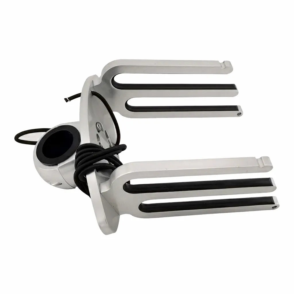 Airow Marine dual wakeboard and surfboard rack made from aerospace-grade anodized aluminum alloy, featuring black rubber inserts for board protection, mounted on a white background.