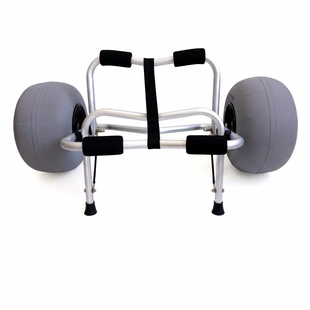 AirowMarine foldable kayak and canoe beach cart, crafted from aircraft-grade anodized aluminum with oversized, textured beach wheels and high-density foam pads, shown on a pure white background.