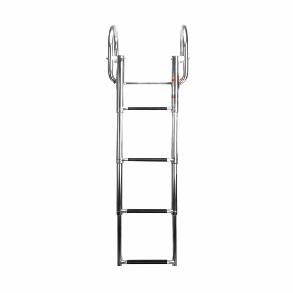 AiroMarine 4-step telescopic boat ladder made from mirror-polished 316 marine stainless steel with black non-slip steps, shown extended on a clean white background.