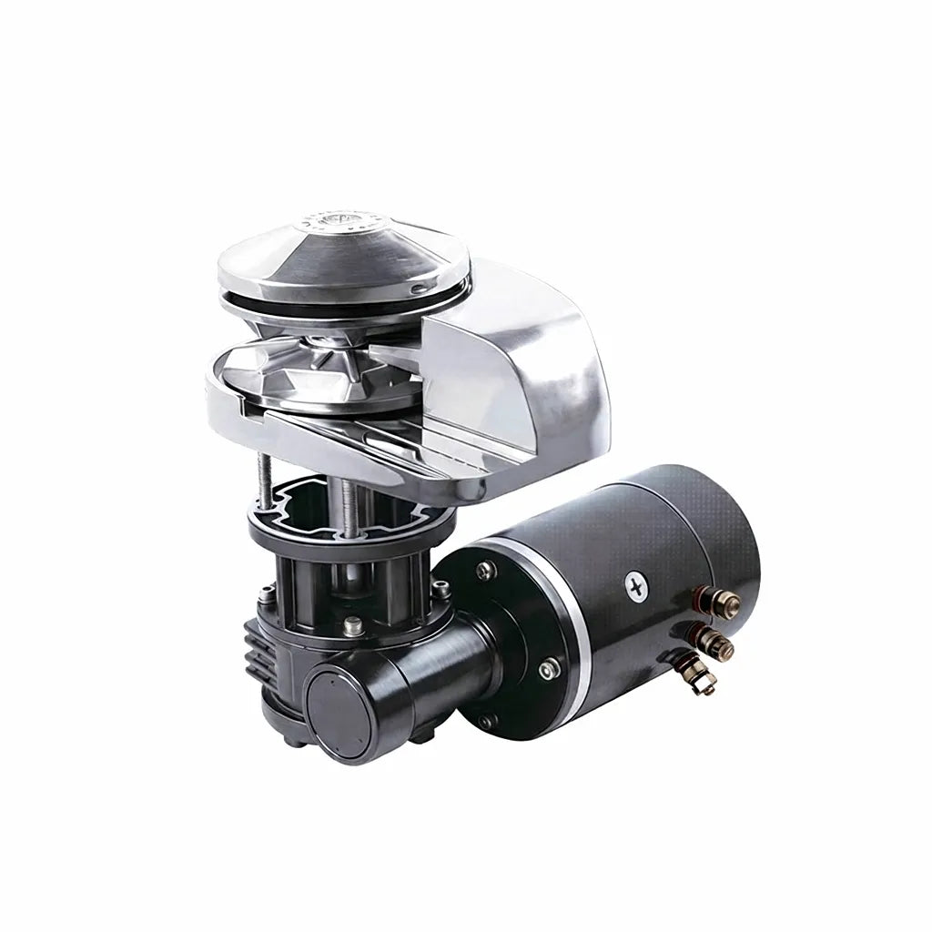 AirowMarine Vertical Electric Anchor Winch with polished 316 marine-grade stainless steel gypsy and motor. High-speed windlass for 32-49 foot yachts, showcasing robust construction and precise engineering on white background.