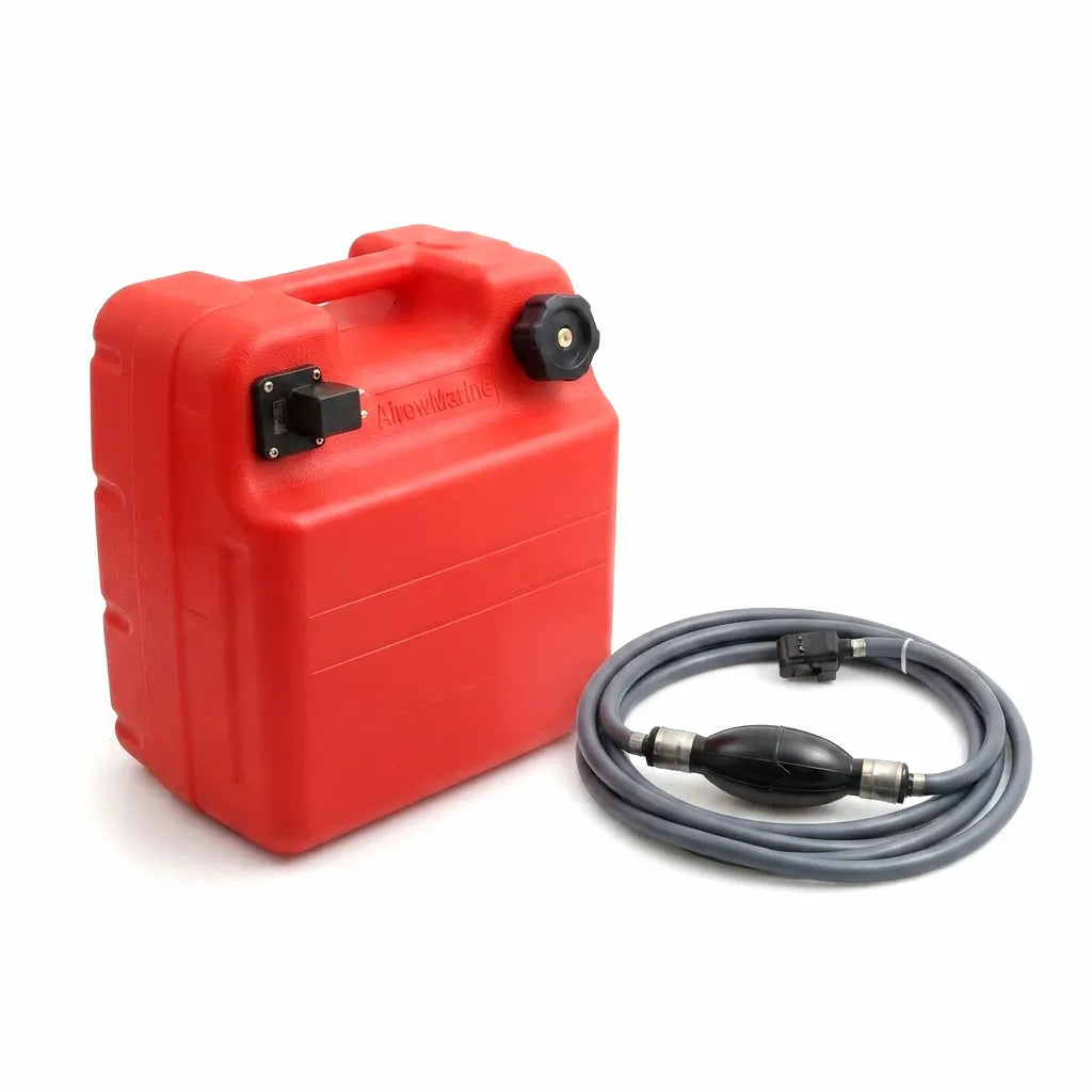 Red 24L AirovMarine portable marine fuel tank with integrated gauge, compatible fuel line assembly, primer bulb, and universal connectors for outboard motors.