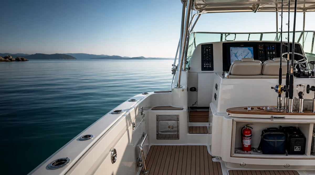 Practical center-console boat cockpit with marine electronics and equipment