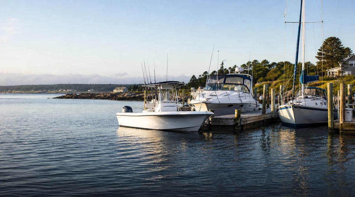 Practical center-console, cabin and sail boats at a coastal marina