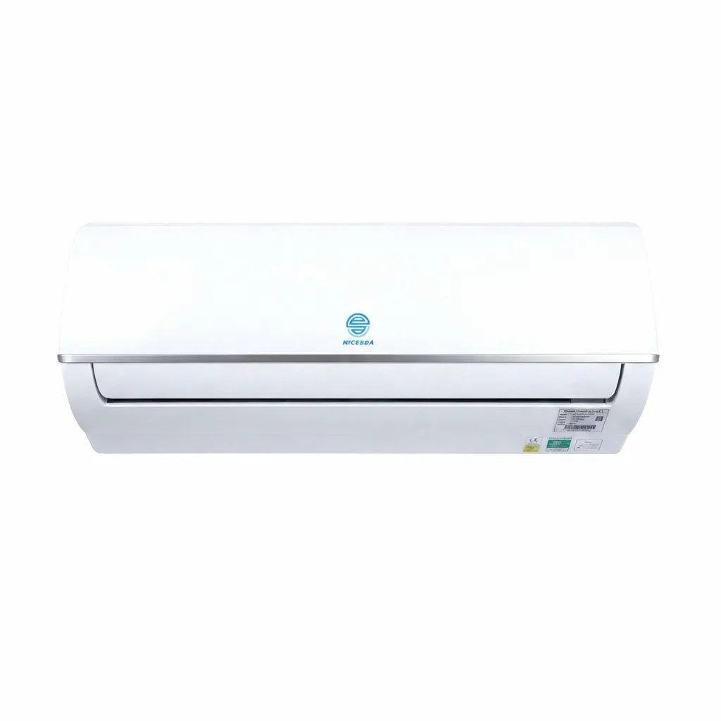 Airow Marine 1.5P Mini-Split Air Conditioner front view, white casing, metallic silver trim, visible energy label, and NICESOA brand logo.