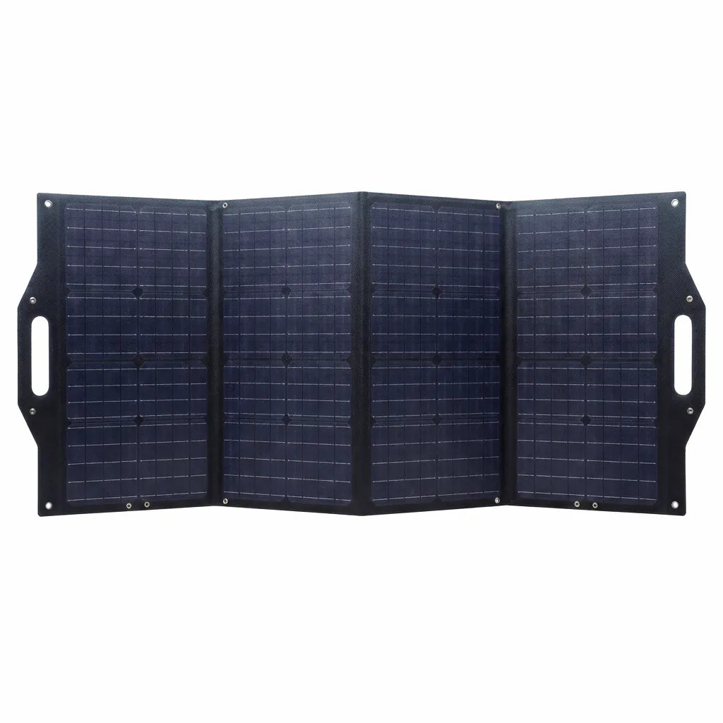 Airow Marine 100W Monocrystalline folding solar panel shown fully open on a pure white background, highlighting its heavy-duty 4-panel construction and integrated carrying handles.