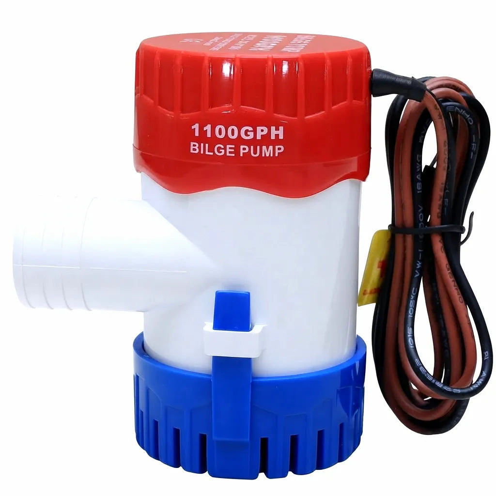 Airow Marine 1100 GPH 12V/24V DC Submersible Bilge Pump with Red Top, White Body, Blue Strainer Base, and Marine-Grade Wiring