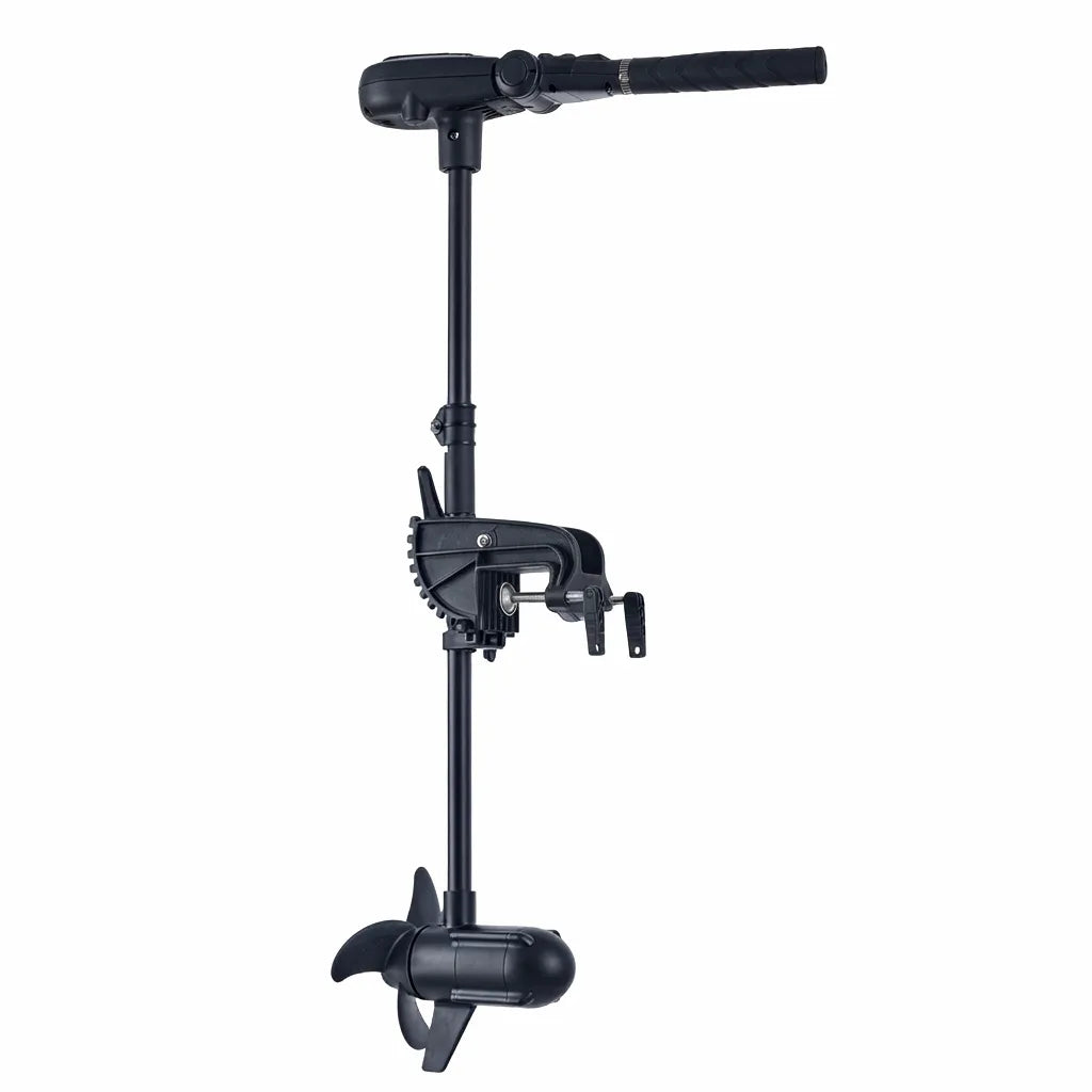 Airow Marine 12V electric outboard trolling motor featuring a multi-position transom mount, 3-blade weedless propeller, and adjustable telescoping handle against a white background