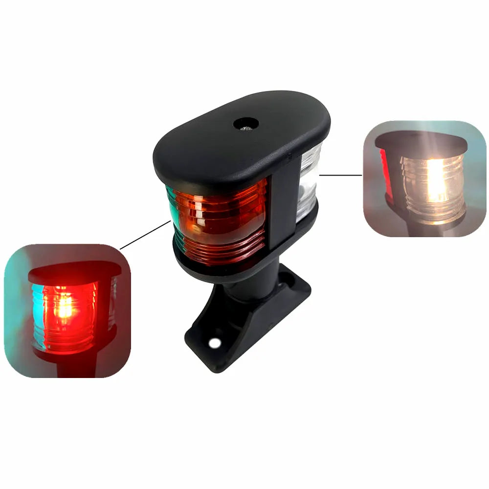 Airow Marine 12V tri-color LED navigation light on pure white background showing red port, green starboard, and white stern illumination windows.