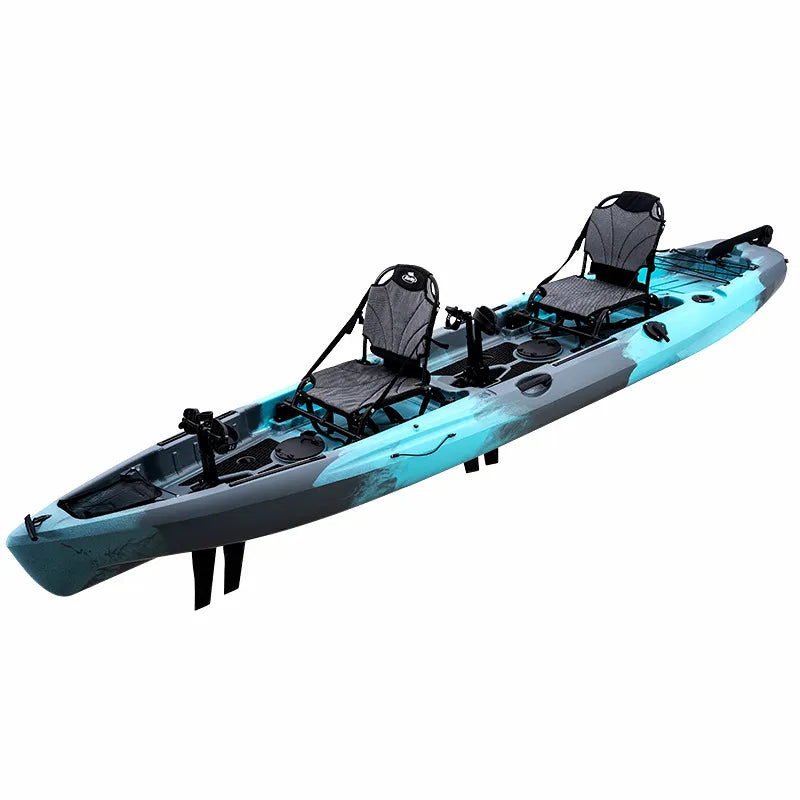 AIROW MARINE Ultimate 14FT Tandem Pedal Fishing Kayak in a blue and grey camouflage pattern, featuring two premium raised seats, dual advanced pedal drive systems with fins, multiple flush-mounted rod holders, and extensive deck space on a pristine white background.