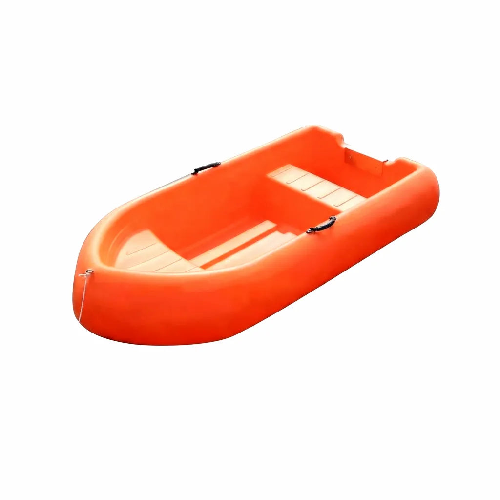 Airow Marine 2.3m solo fishing boat in safety orange, displayed on a clean white background showing its rotational-molded polyethylene hull, molded bench seat, carrying handles, and integrated bow eyelet.