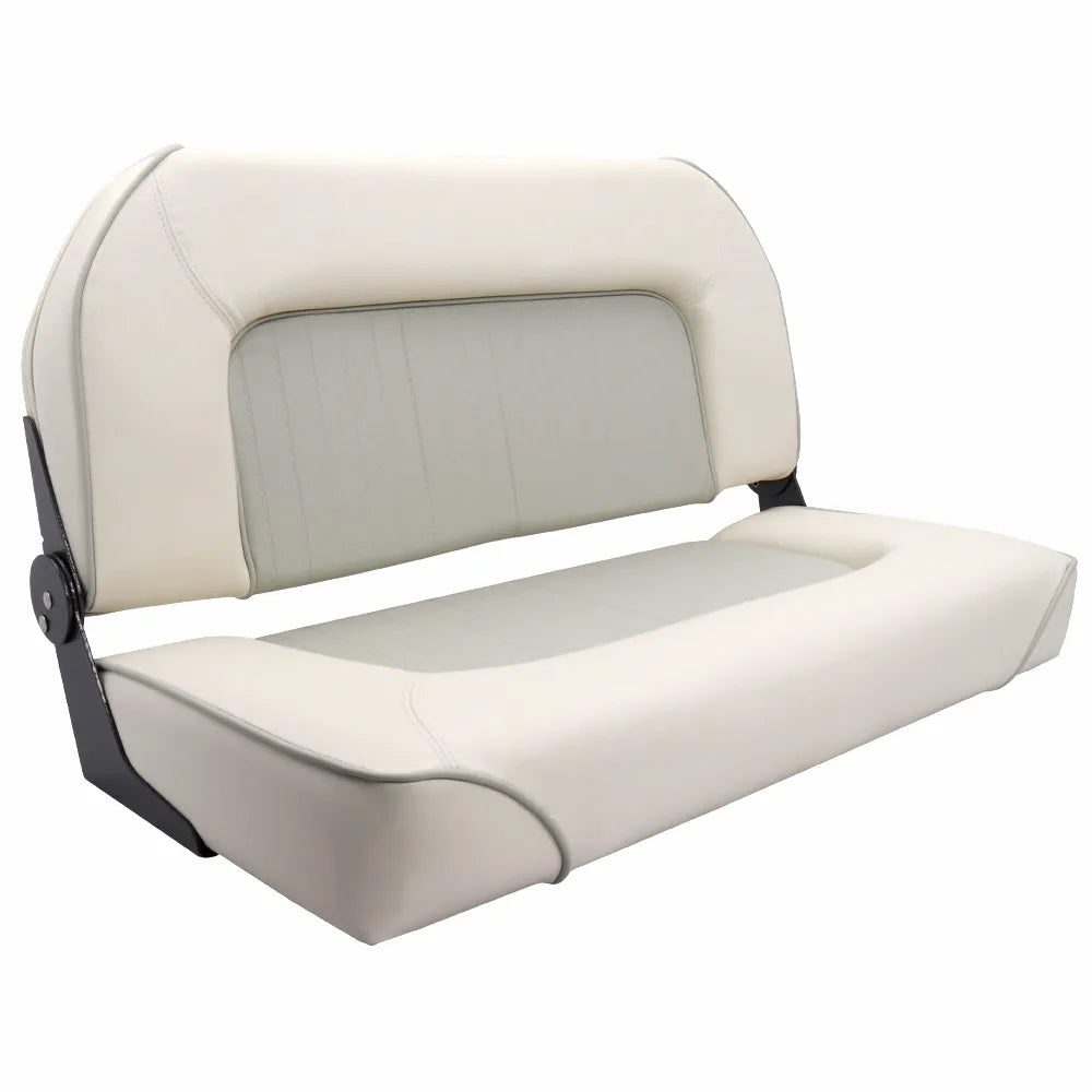 Airow Marine two-person folding boat seat in off-white and light grey marine-grade vinyl, shown on a pure white background.