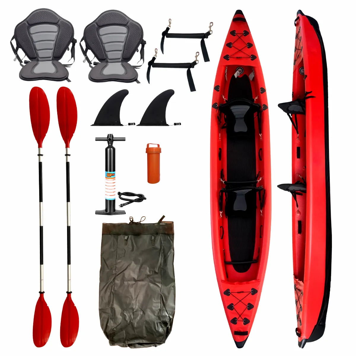 Airow Marine 2-Person Inflatable Drop-Stitch Kayak Kit with Dual Seats, Aluminum Paddles, High-Pressure Pump, Tracking Fins, and Storage Bag