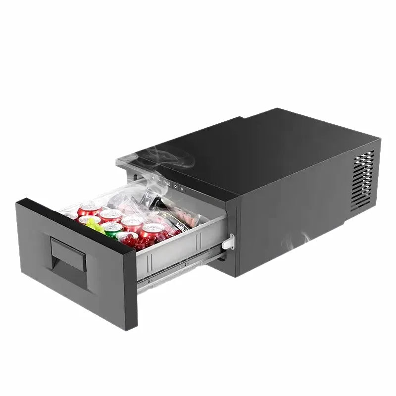 Airow Marine 20L drawer-style marine refrigerator and freezer, featuring an elegant dark finish, smooth drawer action, and app control capability, filled with chilled beverages and provisions.