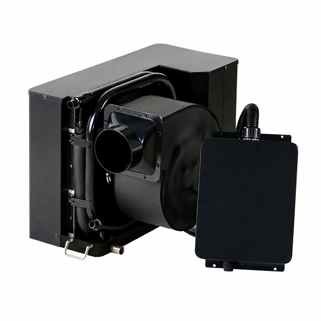 Airow Marine AC/DC 24V marine air conditioner unit with a high-efficiency brushless motor blower, copper cooling coils, and a corrosion-resistant matte black protective housing on a white background.