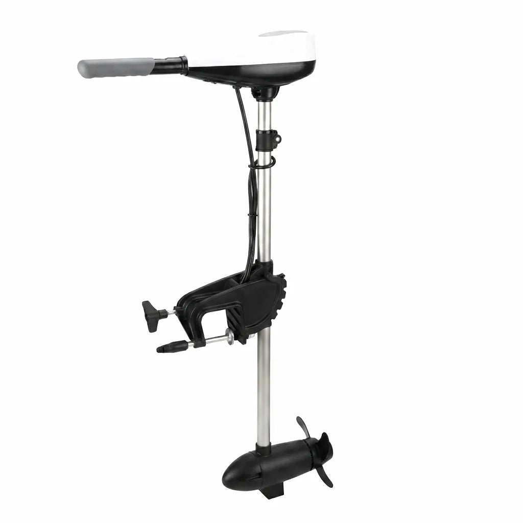 Airow Marine AM-24V Pro electric trolling motor with telescopic steering handle, durable black mounting transom clamp, and two-blade high-strength polymer weedless propeller on a pure white background.