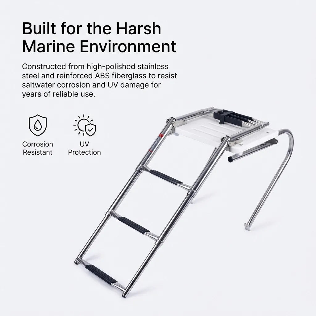 Infographic detailing the marine-grade construction featuring corrosion-resistant stainless steel and UV-protected reinforced ABS fiberglass.