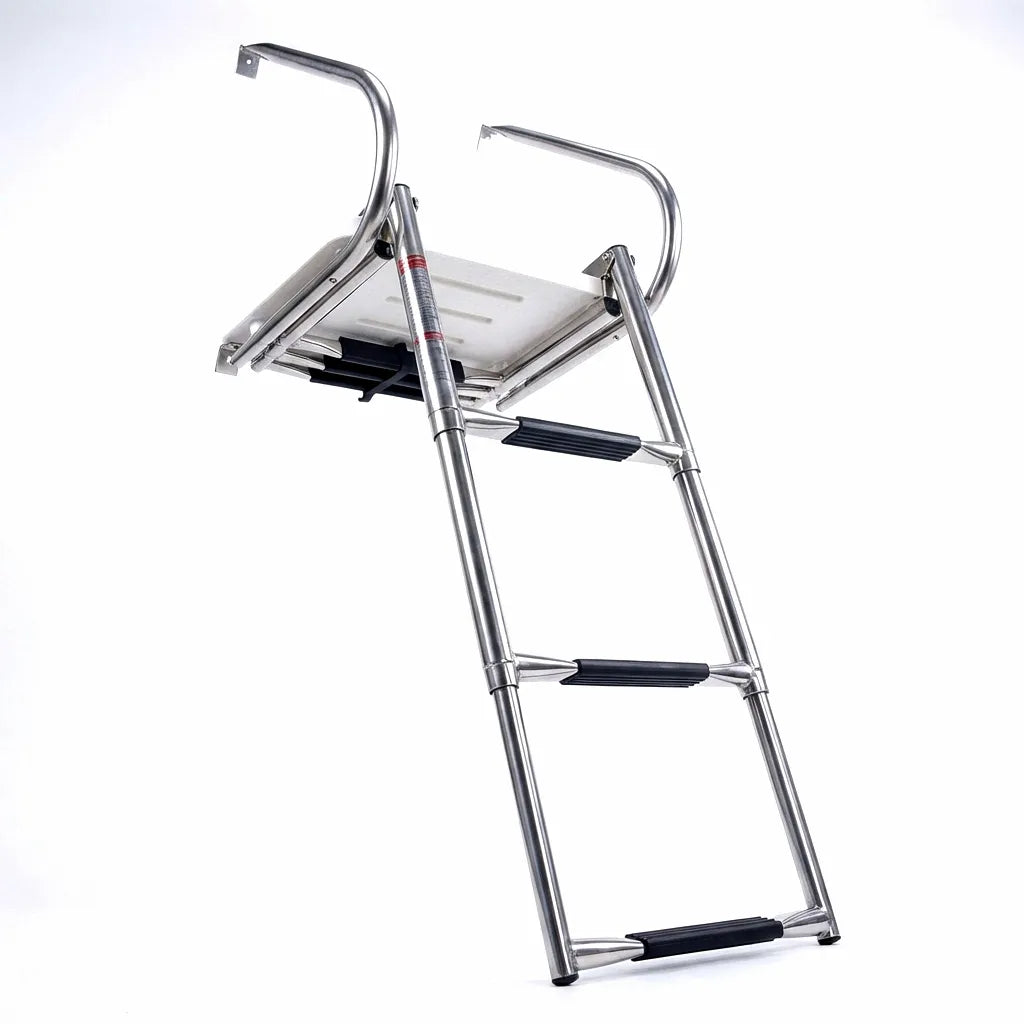 High-angle view of an AIROW MARINE 3-step telescoping boat ladder with integrated white platform and stainless steel handrails against a white background.