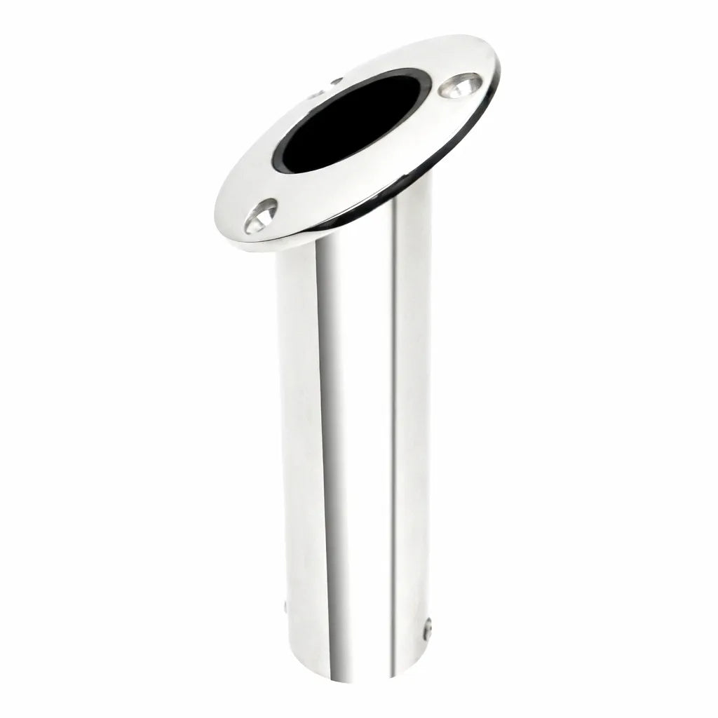 Mirror-polished AISI 316 stainless steel fishing rod holder with 15-degree flange angle on a pure white background.