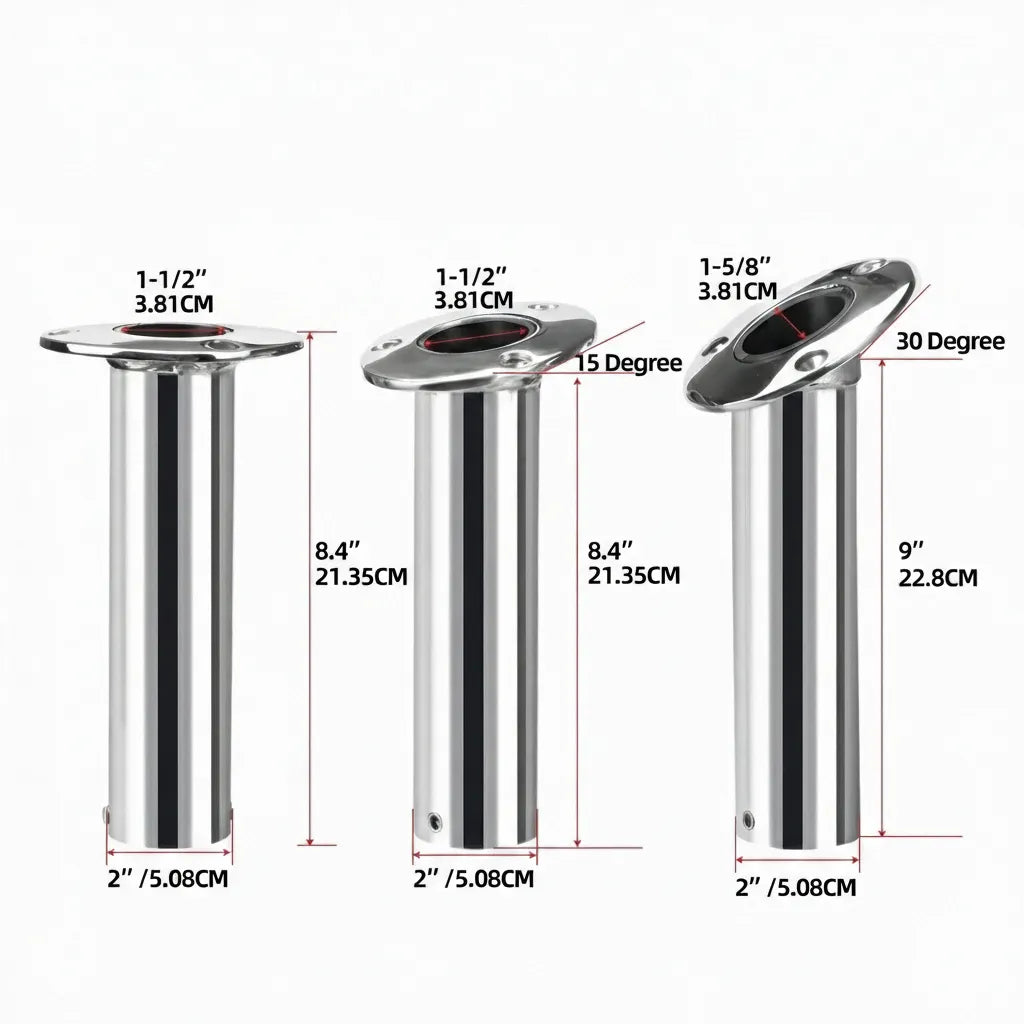 Technical dimension chart showing 8.4-inch to 9-inch lengths and 1-1/2 inch to 1-5/8 inch inner diameters for rod holders.