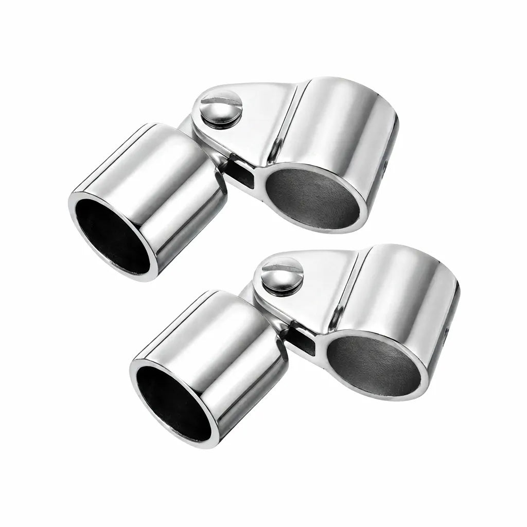 Pair of highly polished marine-grade 316 stainless steel swivel caps for boat awning or bimini top frames, featuring a precision mirror finish.