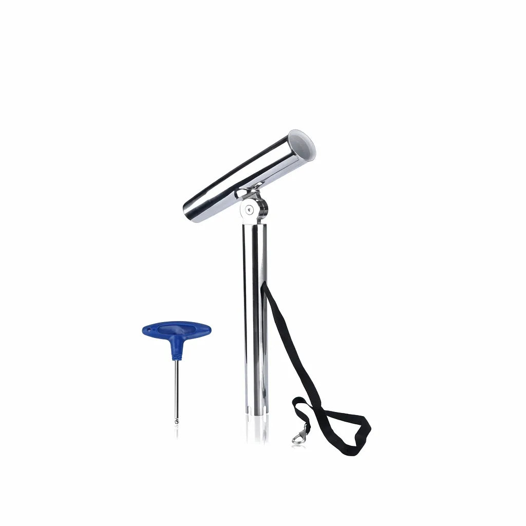 Hero shot of the Airow Marine 316 Stainless Steel Adjustable Fishing Rod Holder featuring a mirror-polished finish, complete with safety strap and T-handle adjustment tool on a white background.