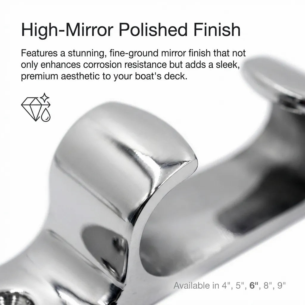 Extreme close-up showing the mirror-polished finish of the stainless steel chock, reflecting high-end manufacturing standards.