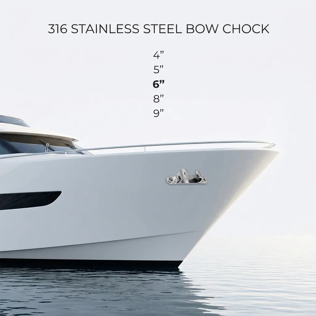 Close-up of the Airow Marine bow chock installed on the white hull of a luxury yacht near the bow.
